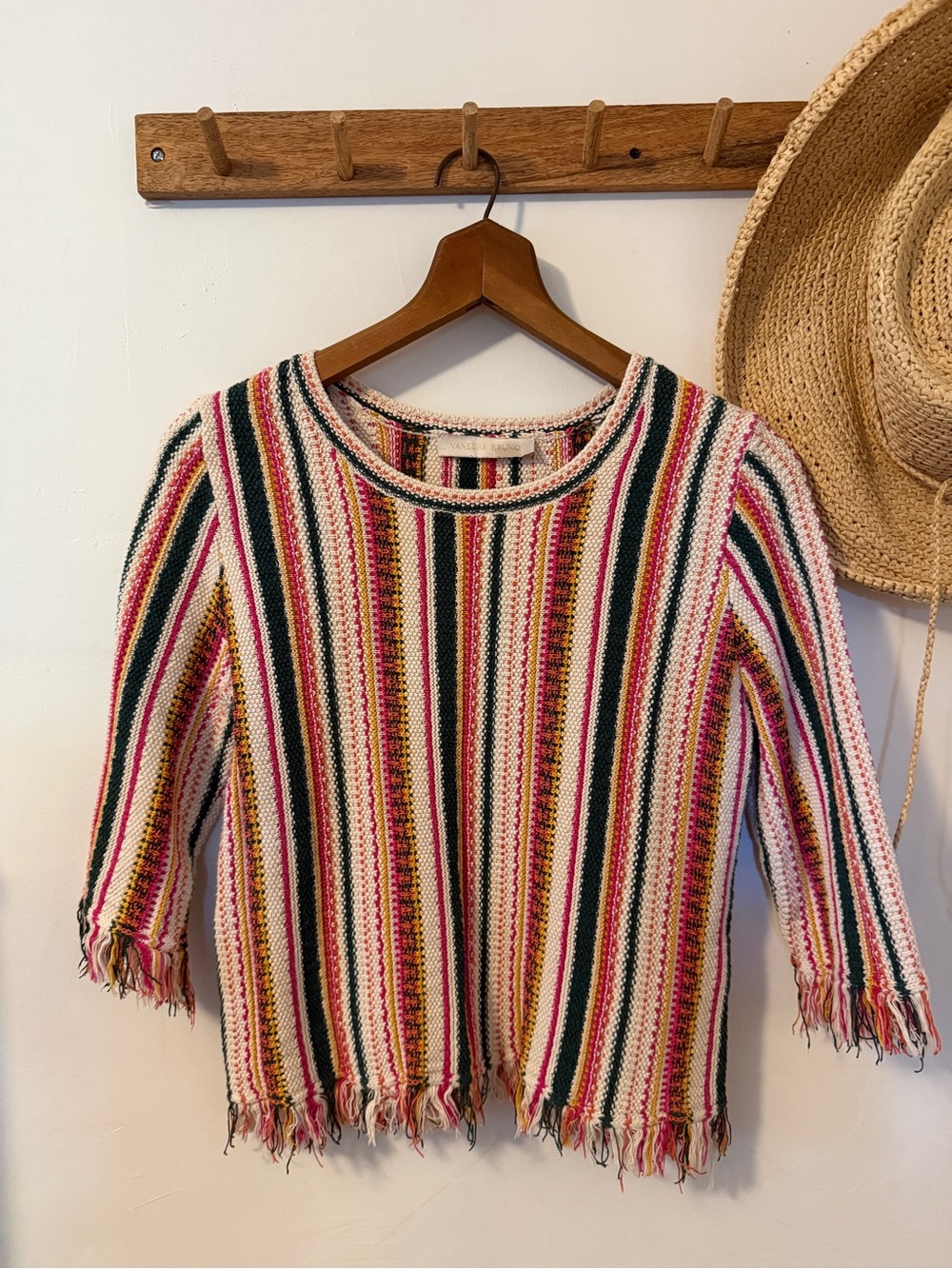 Vanessa Bruno Striped Open-Weave Fringe Hem Women's Top - Pink Multi